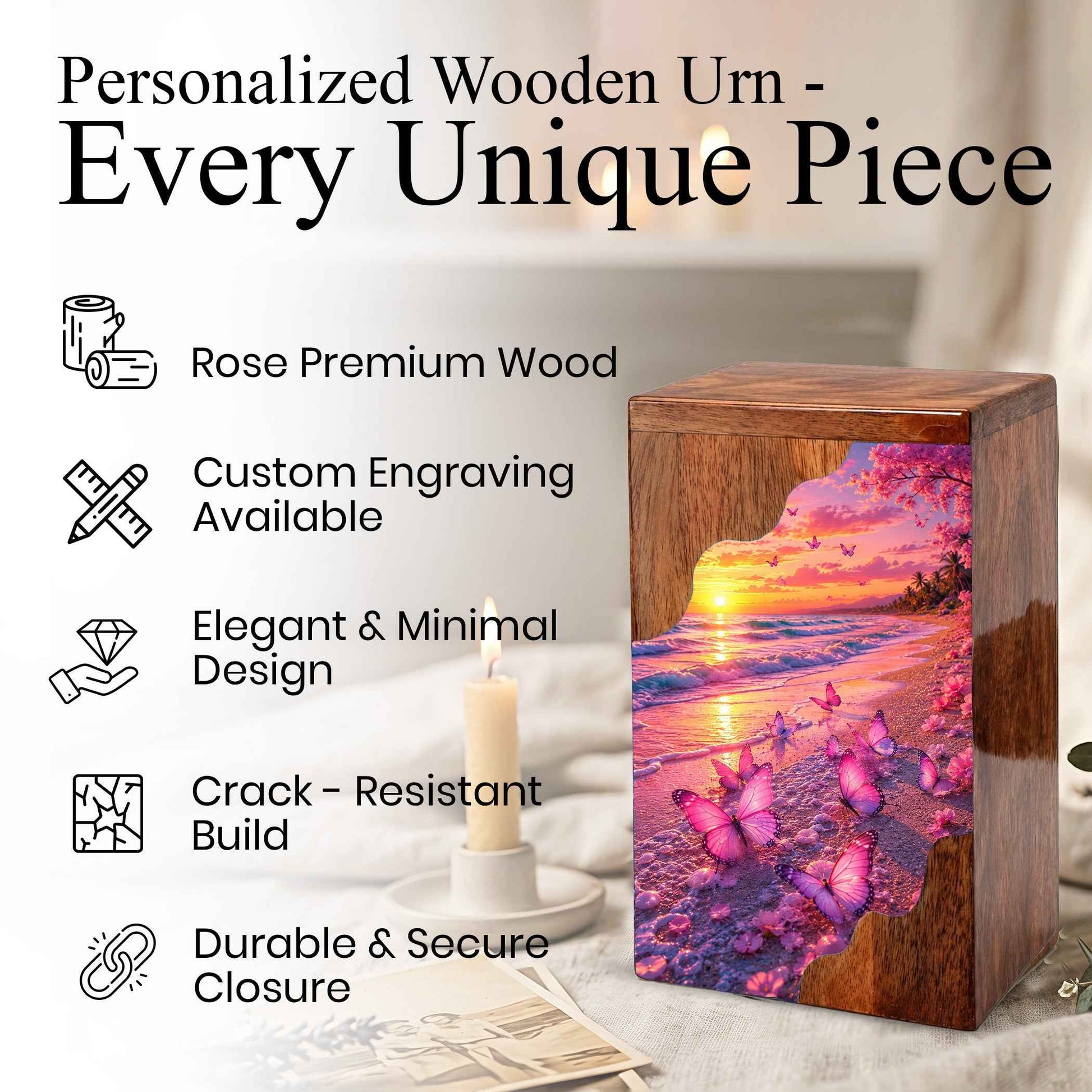 Pink Butterfly Beach Wooden Cremation Urn – Wooden Urn for Human Ashes