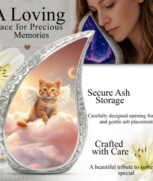 Personalized Cat Cremation Urn – Angel Cat Memorial Teardrop Urn, 10 Inch Aluminum