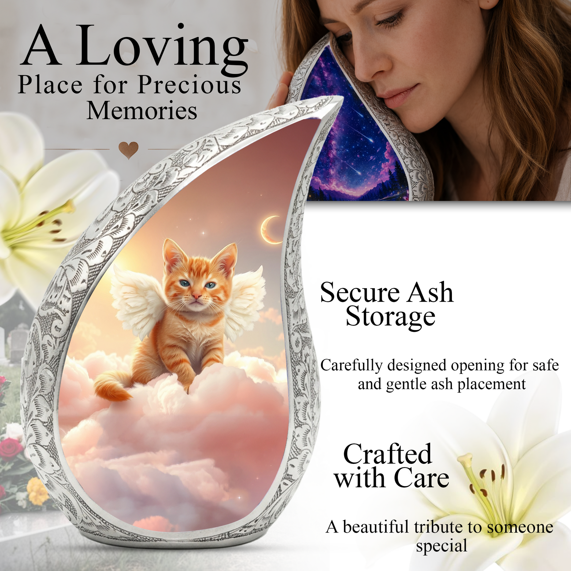 Personalized Cat Cremation Urn – Angel Cat Memorial Teardrop Urn, 10 Inch Aluminum