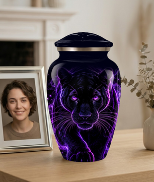 Black Panther Cremation Urn for Ashes | Personalized Panther Memorial Urn | Purple Panther Adult Urn