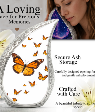 Butterfly Personalized Cremation Urn – Teardrop Style Aluminum Memorial Urn, 10 Inch