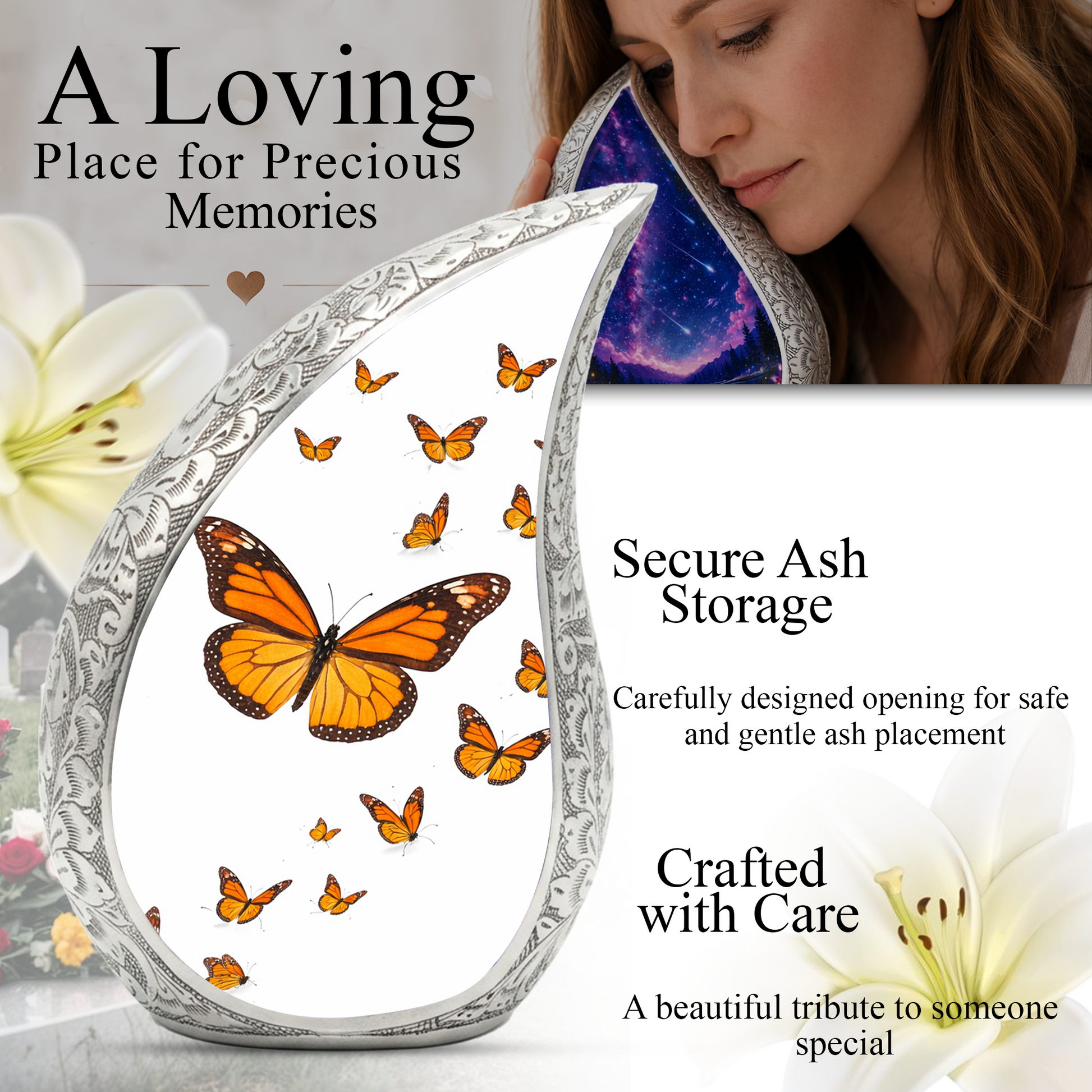Butterfly Personalized Cremation Urn – Teardrop Style Aluminum Memorial Urn, 10 Inch