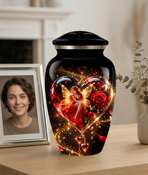 Red Rose Fairy Heart Cremation Urn for Adult Ashes, Personalized Memorial Urn with Romantic Heart Design