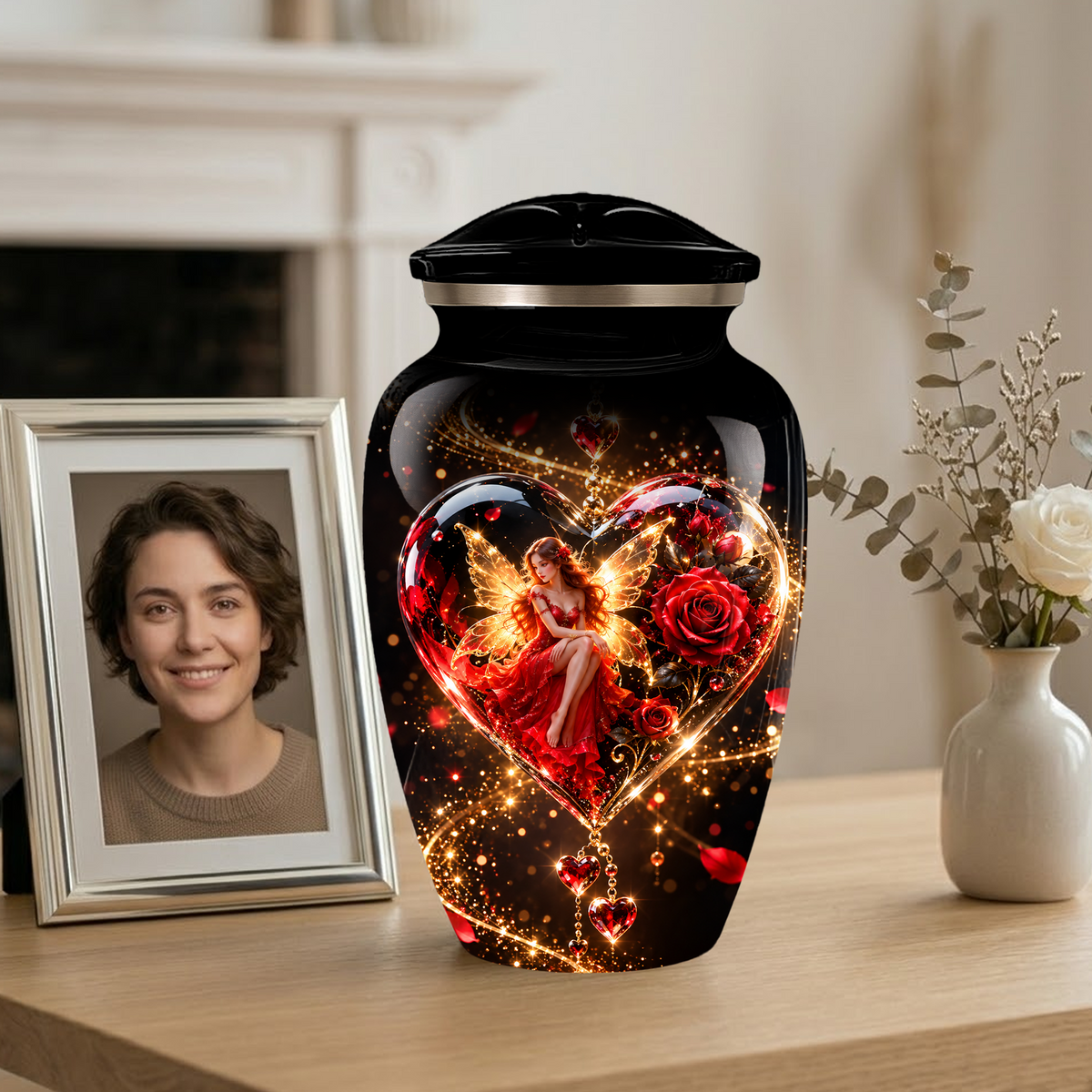 Red Rose Fairy Heart Cremation Urn for Adult Ashes, Personalized Memorial Urn with Romantic Heart Design