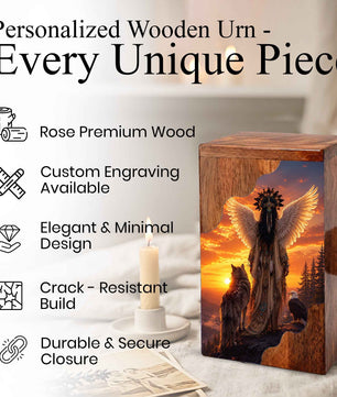 Spirit Guardian Wooden Cremation Urn – Angel Wings Memorial Urn for Human Ashes