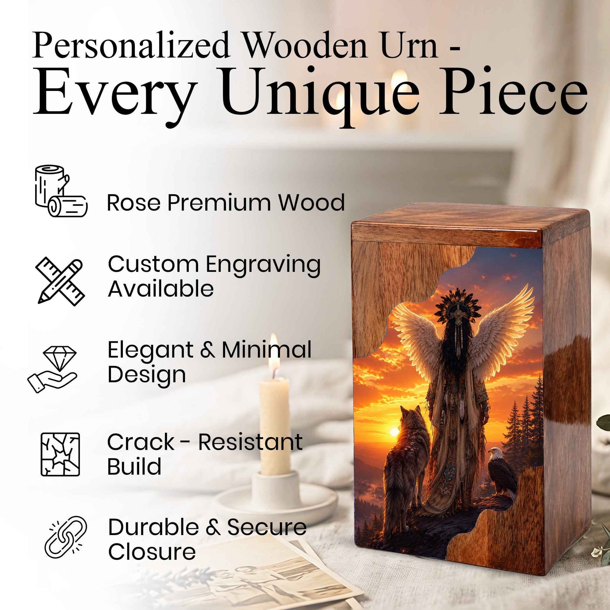 Spirit Guardian Wooden Cremation Urn – Angel Wings Memorial Urn for Human Ashes