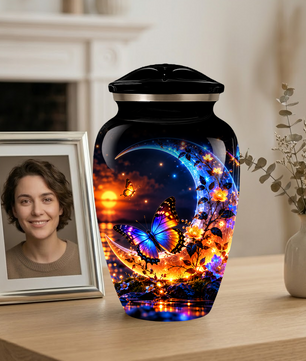 Butterfly Moon Cremation Urn for Adult Ashes, Personalized Adult Memorial Urn with Sunset and Floral Design