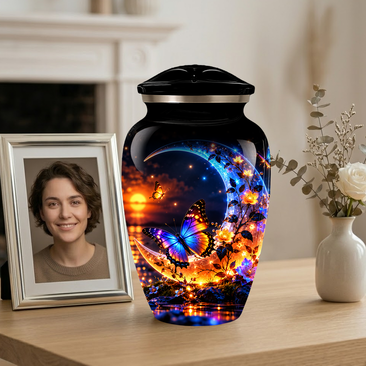 Butterfly Moon Cremation Urn for Adult Ashes, Personalized Adult Memorial Urn with Sunset and Floral Design