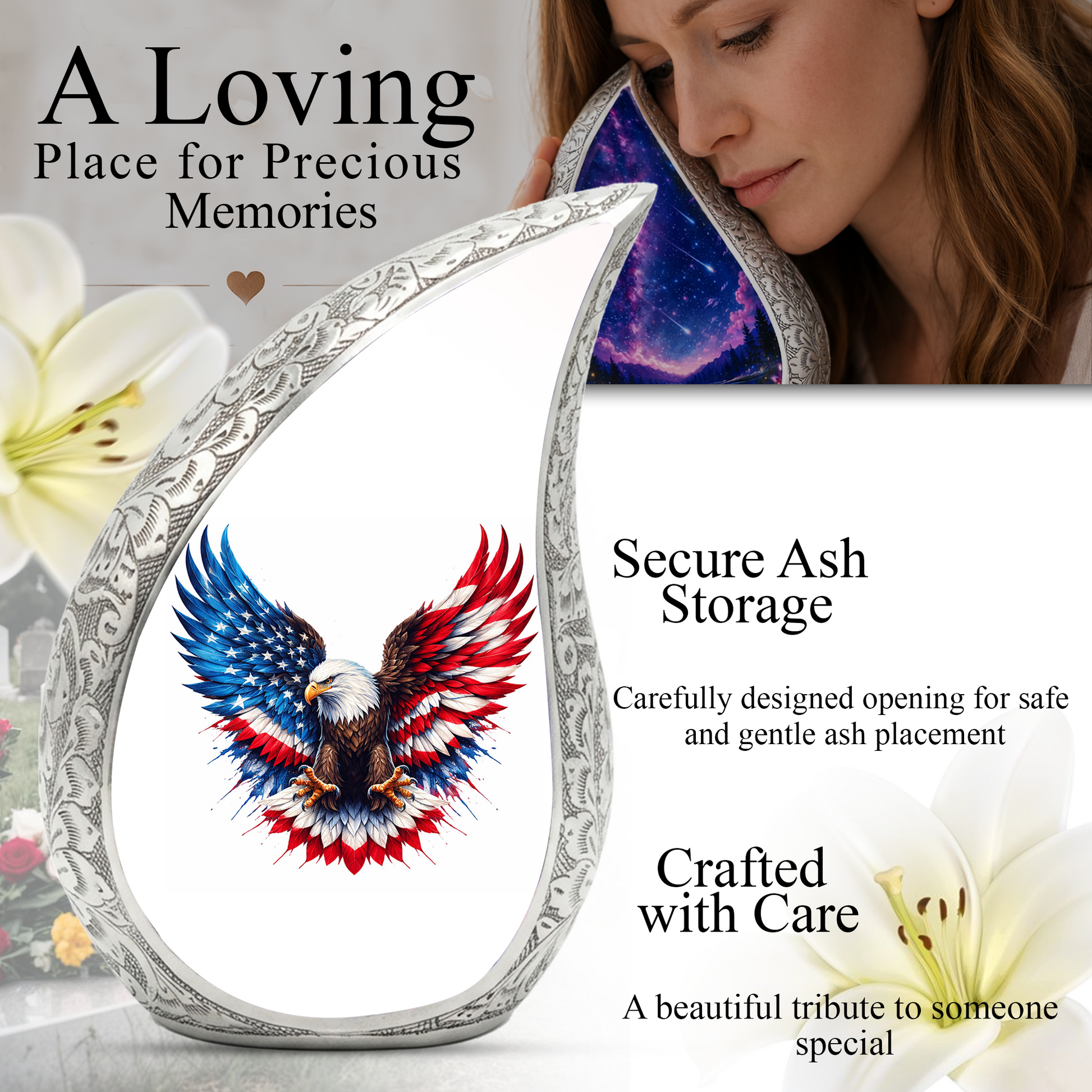 Personalized Patriotic Eagle Cremation Urn – Custom Memorial Urn for Dad, American Bald Eagle Teardrop Aluminum Adult Urn for Ashes, 10 Inch