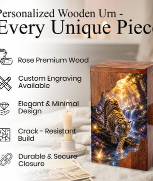 Tiger Wooden Cremation Urn – Personalized Memorial Urn for Dad | Nature Inspired Wooden Urn for Human Ashes