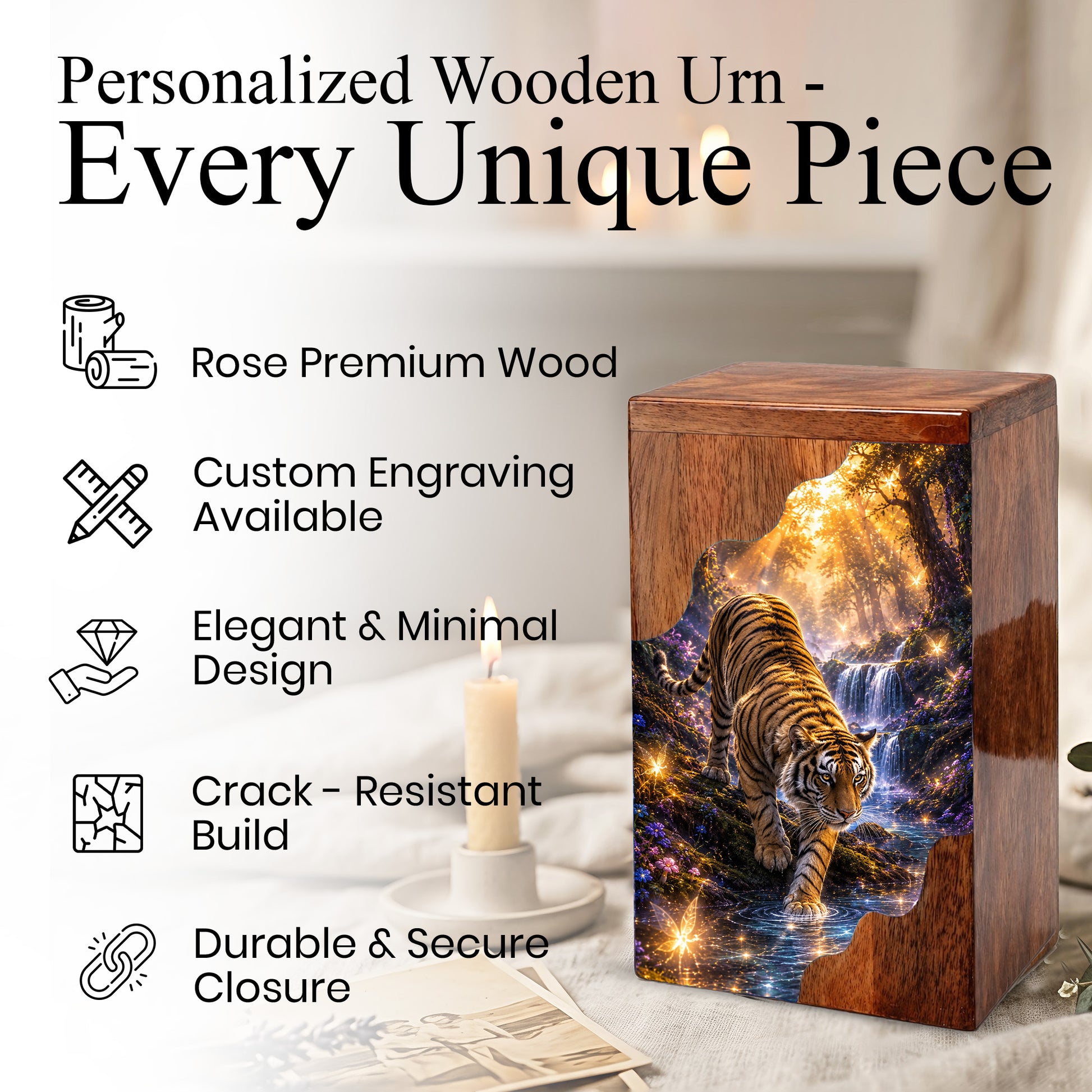 Tiger Wooden Cremation Urn – Personalized Memorial Urn for Dad | Nature Inspired Wooden Urn for Human Ashes
