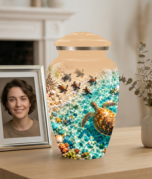 Personalized Sea Turtle Memorial Urn, Aluminum Ocean Beach Urn for Human Ashes