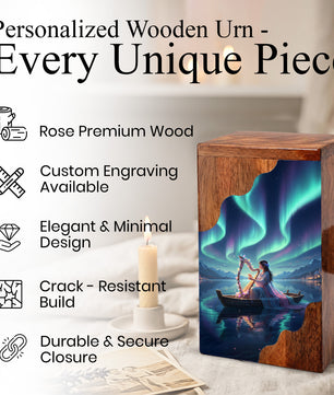 Aurora Harp Wooden Cremation Urn – Celestial Lake Memorial Wooden Urn for Human Ashes