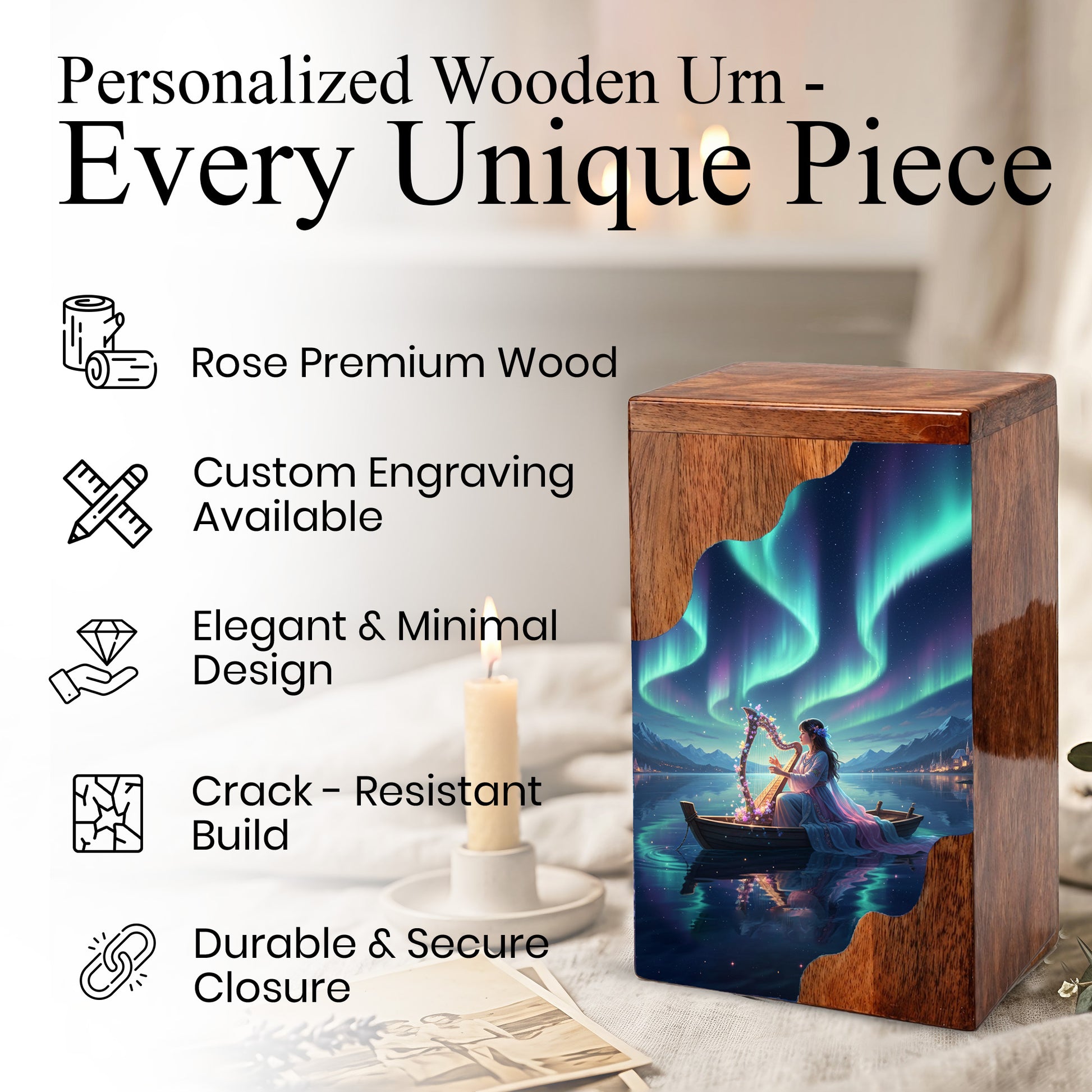 Aurora Harp Wooden Cremation Urn – Celestial Lake Memorial Wooden Urn for Human Ashes