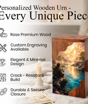 Heavenly Fishing Wooden Cremation Urn – Personalized Memorial Urn for Human Ashes