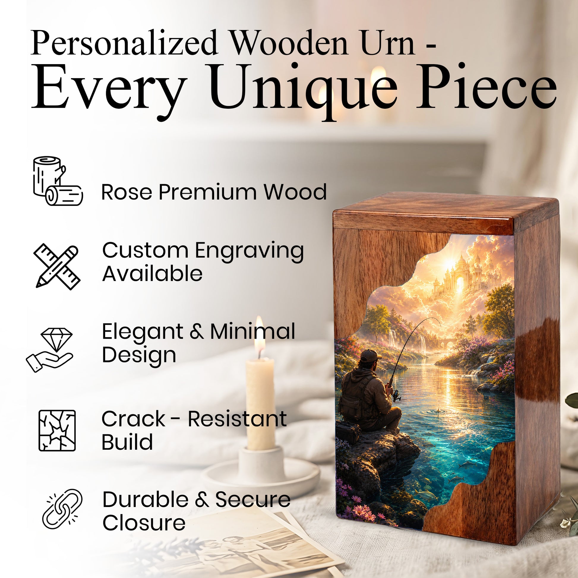 Heavenly Fishing Wooden Cremation Urn – Personalized Memorial Urn for Human Ashes