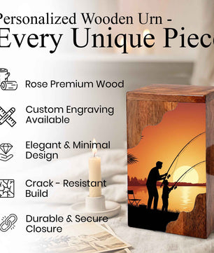 Golden Sunset Fishing Wooden Cremation Urn – Gone Fishing Memorial Wooden Urn for Human Ashes