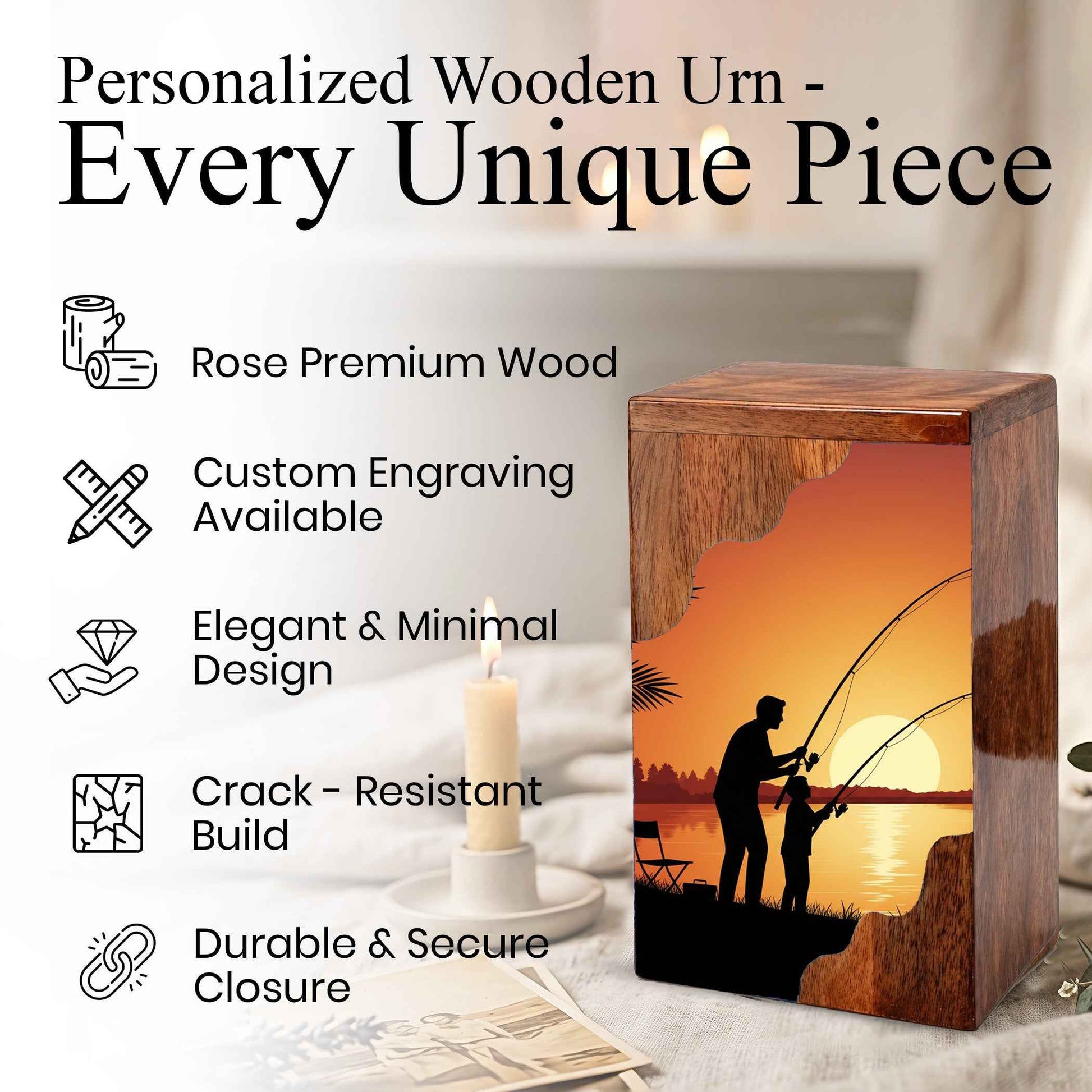 Golden Sunset Fishing Wooden Cremation Urn – Gone Fishing Memorial Wooden Urn for Human Ashes
