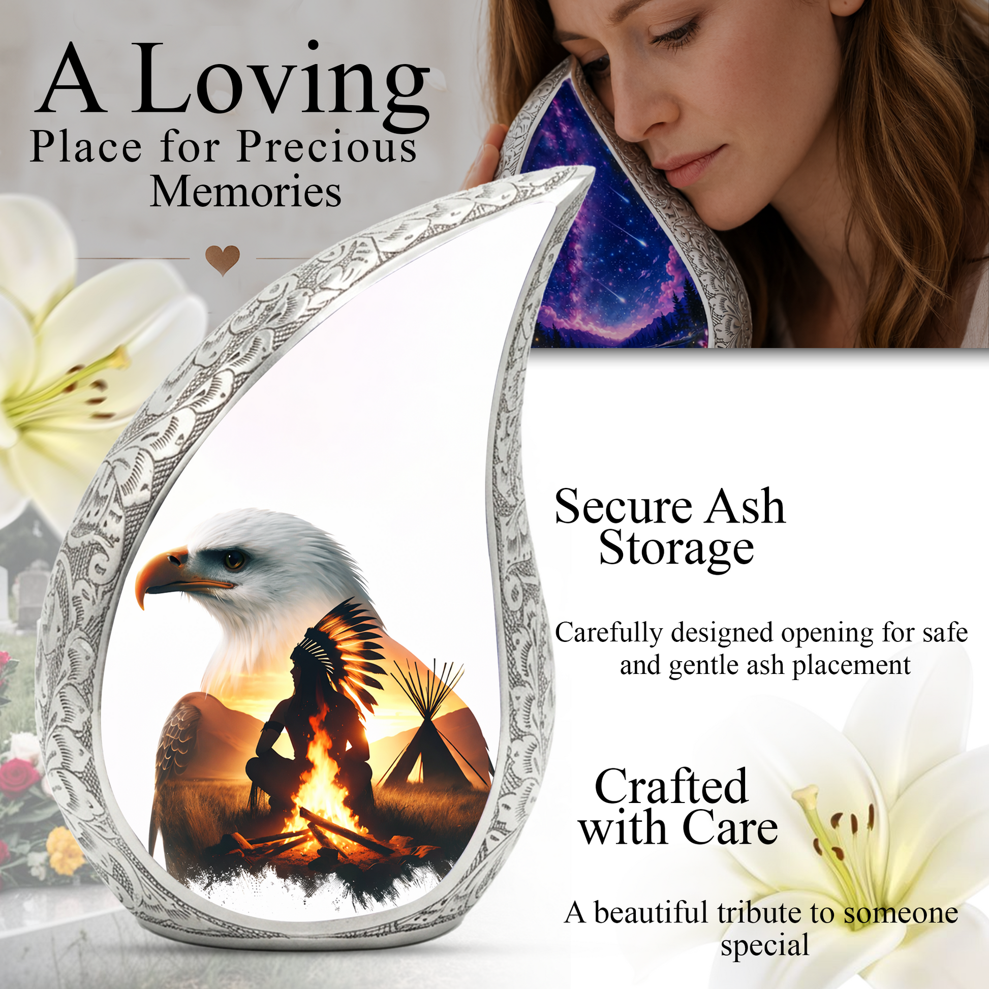 Eagle Memorial Adult Cremation Urn, Native American Inspired Adult Urn for Ashes