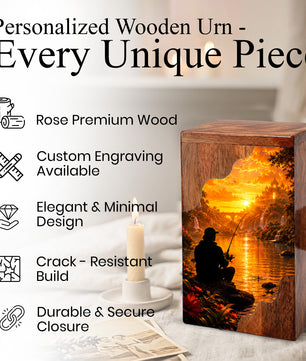 Eternal Waters Fishing Wooden Cremation Urn – Personalized Memorial Urn for Human Ashes