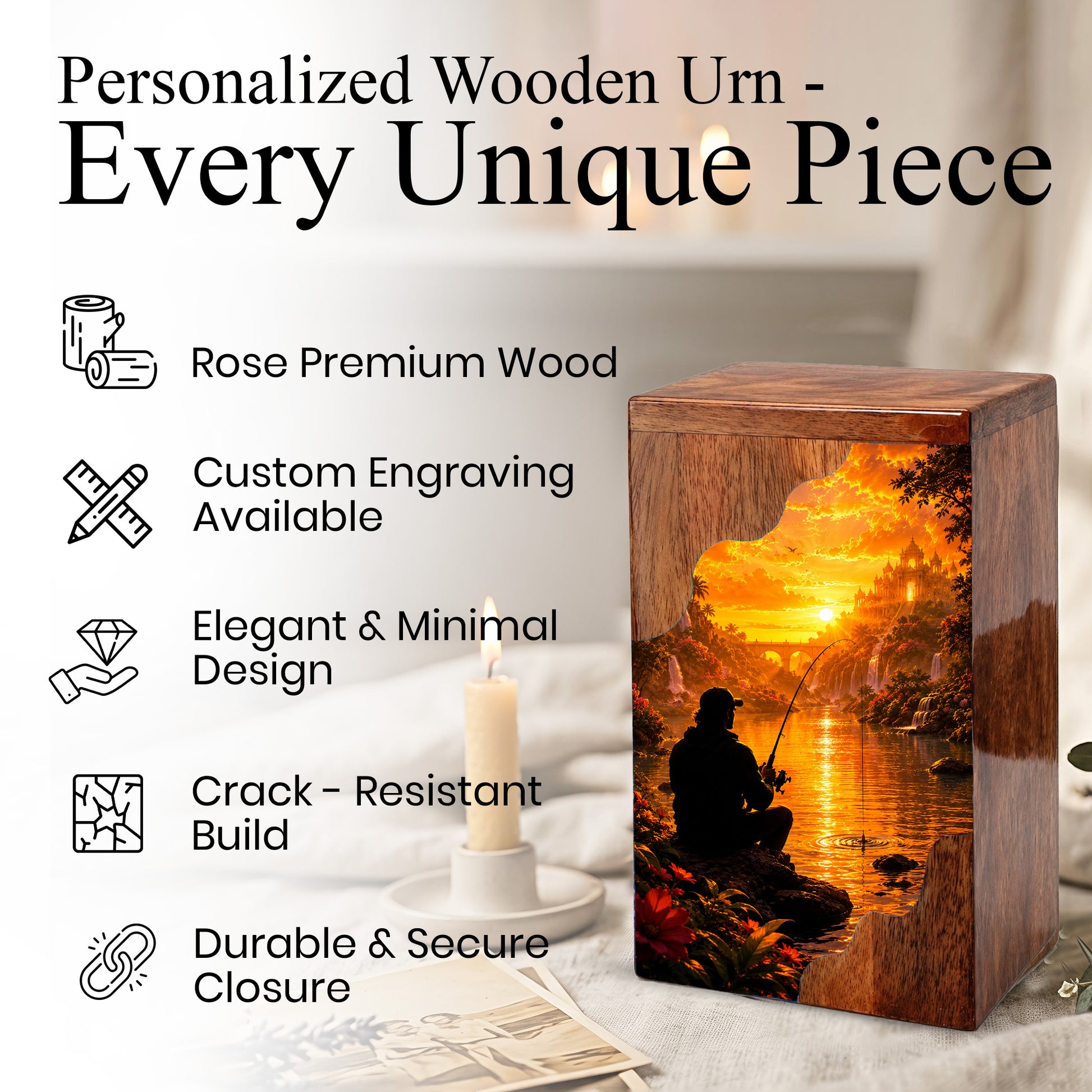 Eternal Waters Fishing Wooden Cremation Urn – Personalized Memorial Urn for Human Ashes