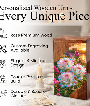 Floral Wooden Cremation Urn – Rose Memorial Urn for Human Ashes
