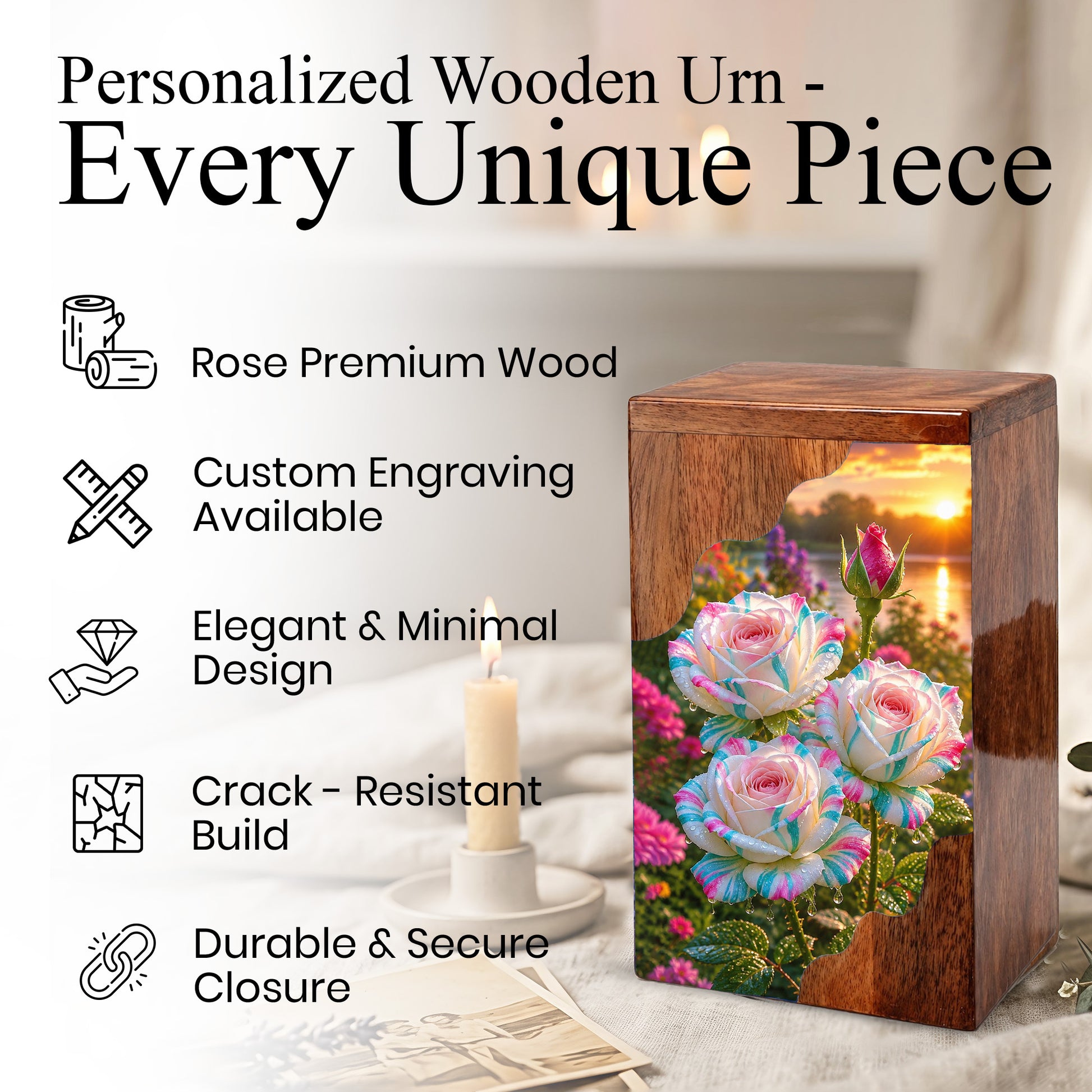 Floral Wooden Cremation Urn – Rose Memorial Urn for Human Ashes
