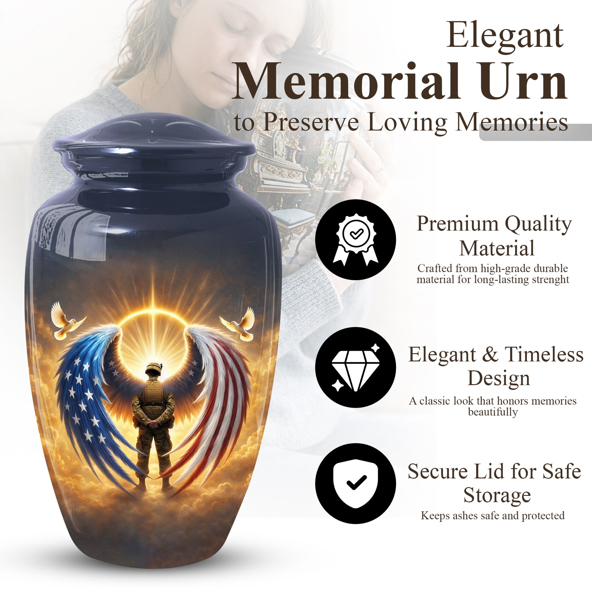 Military Veteran Cremation Urn for Dad, US Army Large Urn for Human Ashes