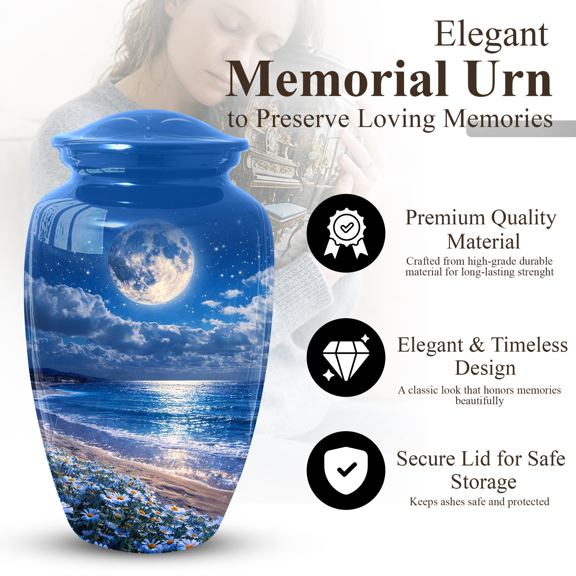 Moonlit Ocean Urn for Mom - Adult Female Cremation Large Urn for Ashes