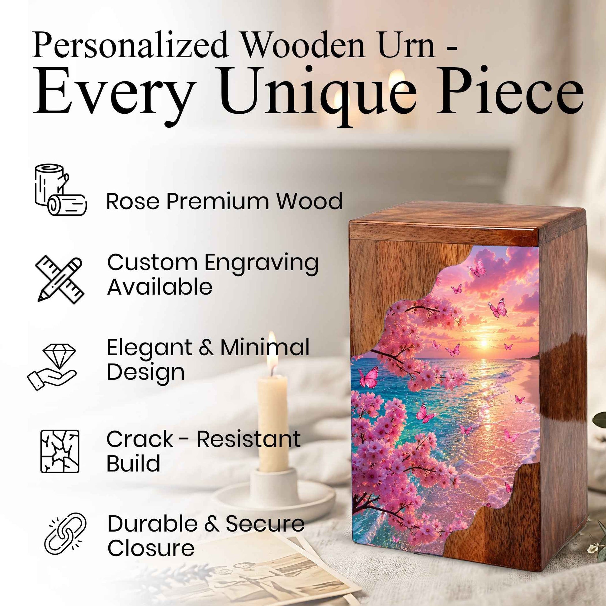 Cherry Blossom Butterfly Wooden Cremation Urn for Mom | Personalized Wooden Urn for Human Ashes