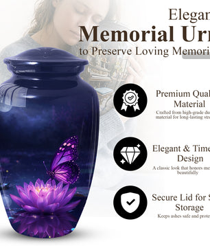 Purple Butterfly Urn for Mom on Lotus Flower | Butterfly Cremation Large Urn for Ashes