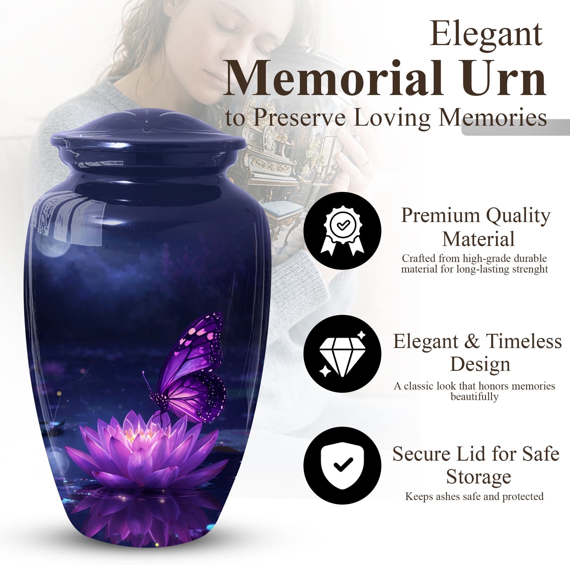 Purple Butterfly Urn for Mom on Lotus Flower | Butterfly Cremation Large Urn for Ashes