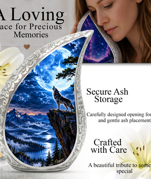 Wolf Moon Cremation Urn for Adult Ashes, Mountain Wildlife Memorial Urn, Howling Wolf Full Moon Design, Decorative Urn for Mom or Dad