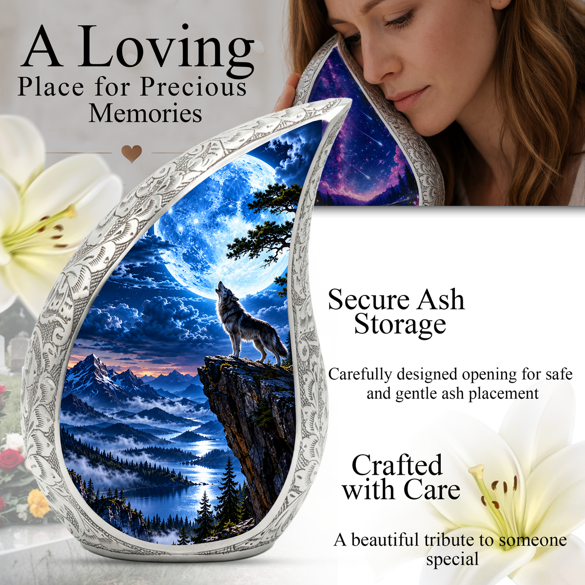 Wolf Moon Cremation Urn for Adult Ashes, Mountain Wildlife Memorial Urn, Howling Wolf Full Moon Design, Decorative Urn for Mom or Dad
