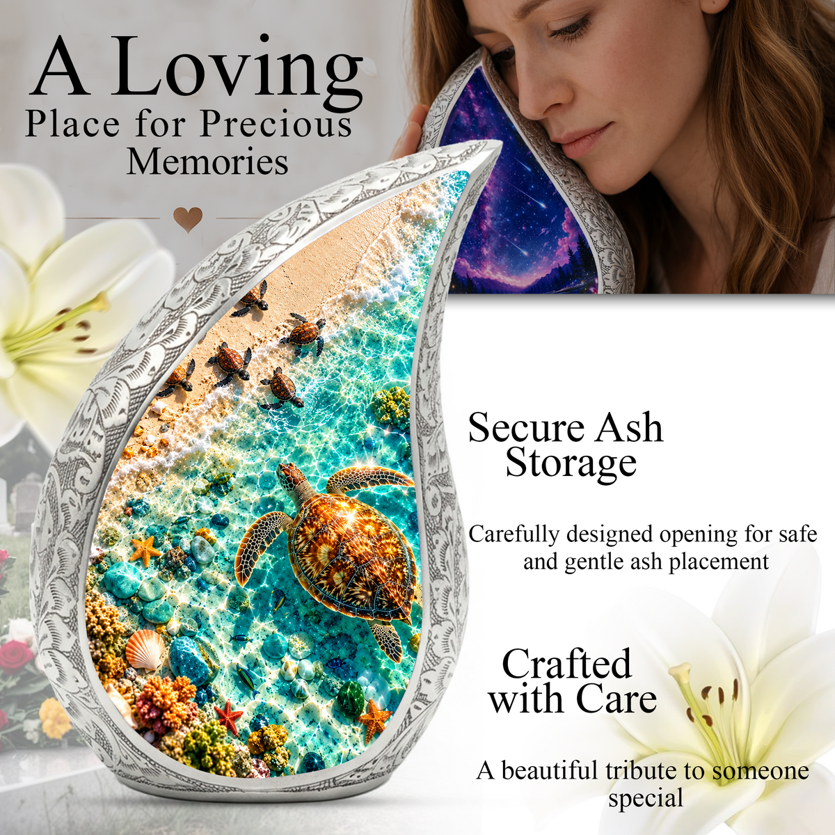 Sea Turtle Cremation Urn for Ashes, Ocean Beach Adult Memorial Urn