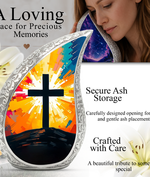 Cross Personalized Cremation Urn – Christian Memorial Teardrop Urn for Ashes | 10 Inch Aluminum Adult Urn