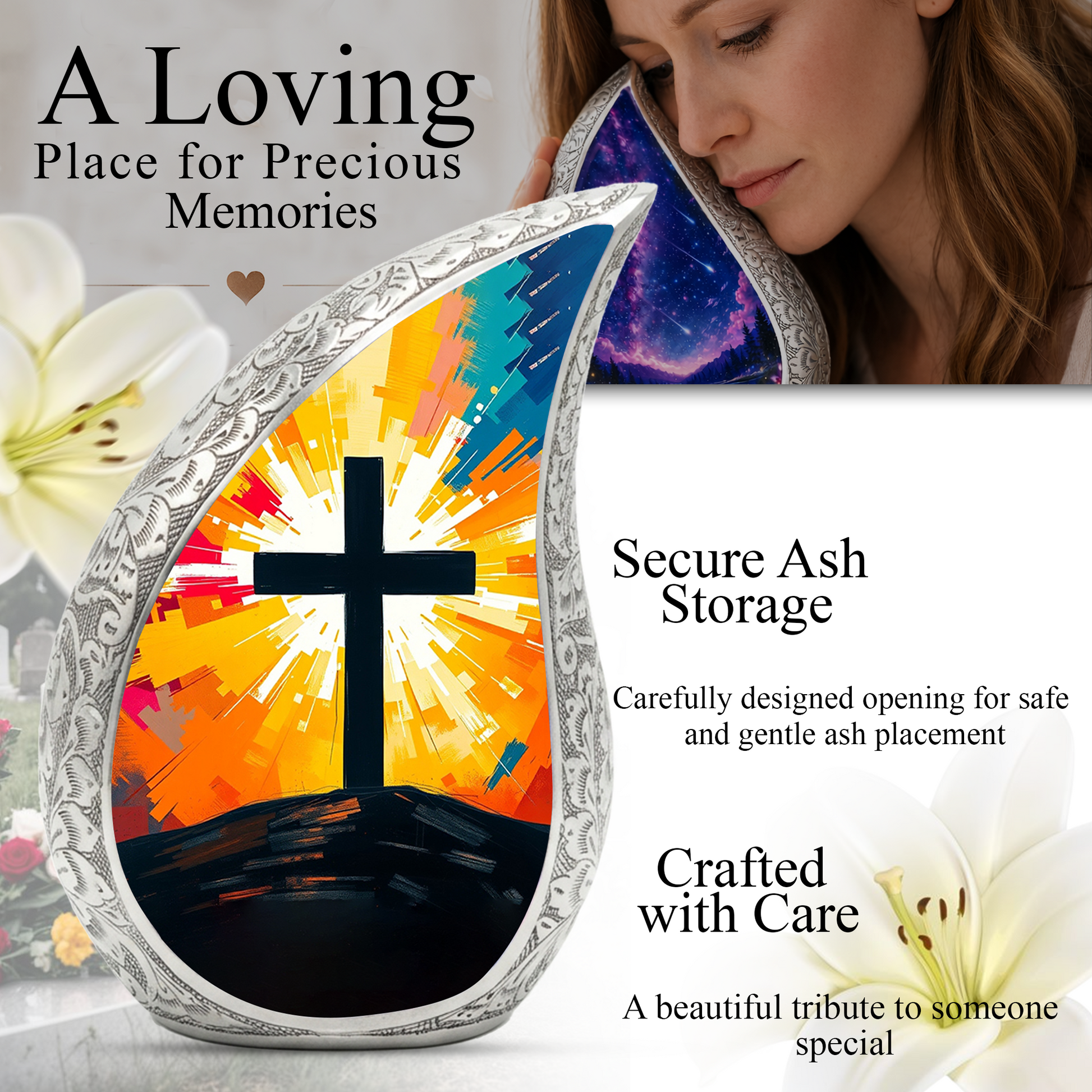 Cross Personalized Cremation Urn – Christian Memorial Teardrop Urn for Ashes | 10 Inch Aluminum Adult Urn