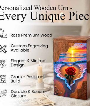 Rose Wooden Cremation Urn | Wooden Urn for Human Ashes | Beach Memorial Urn
