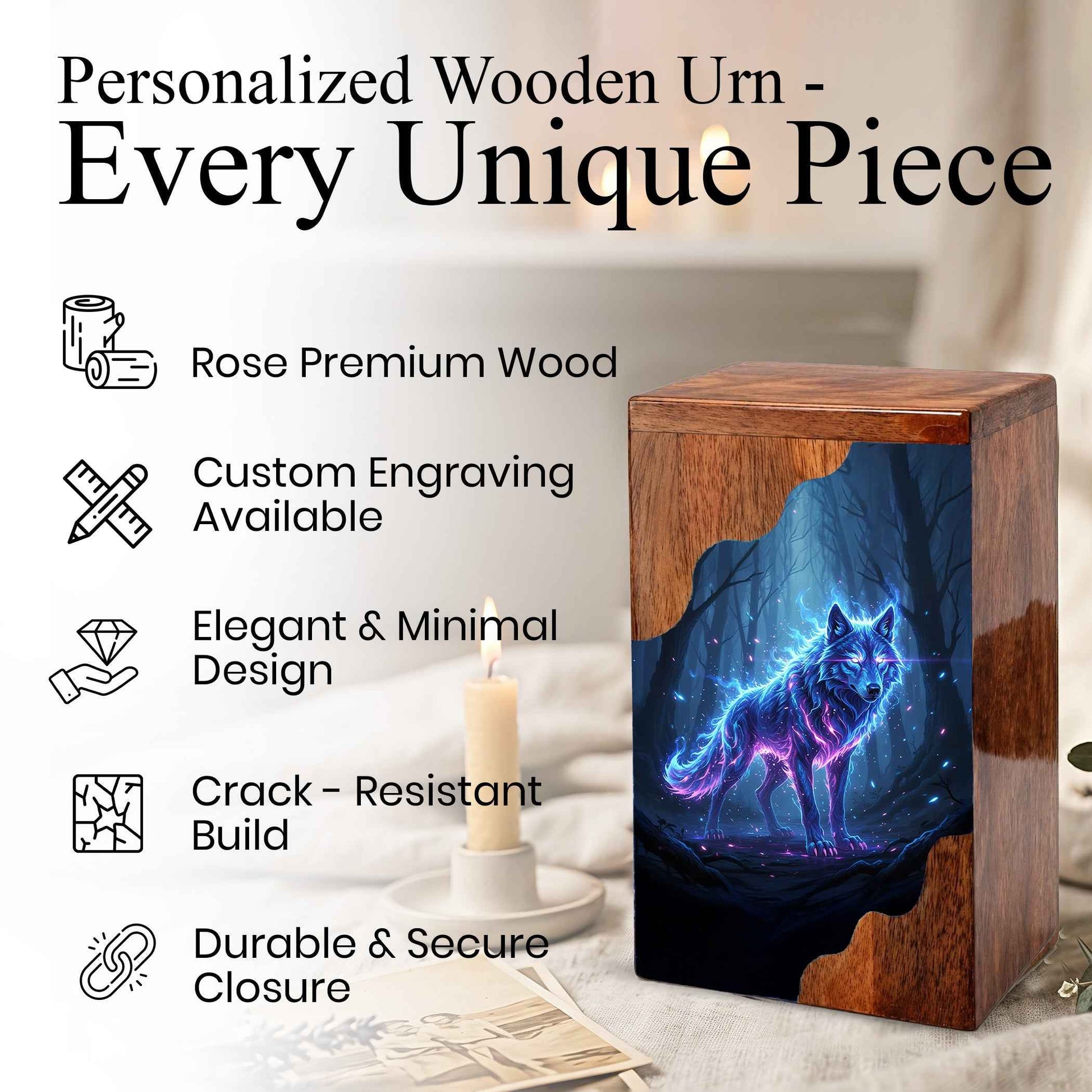 Wooden Cremation Urn – Spirit Wolf Memorial Urn | Custom Wooden Memorial Urn for Dad