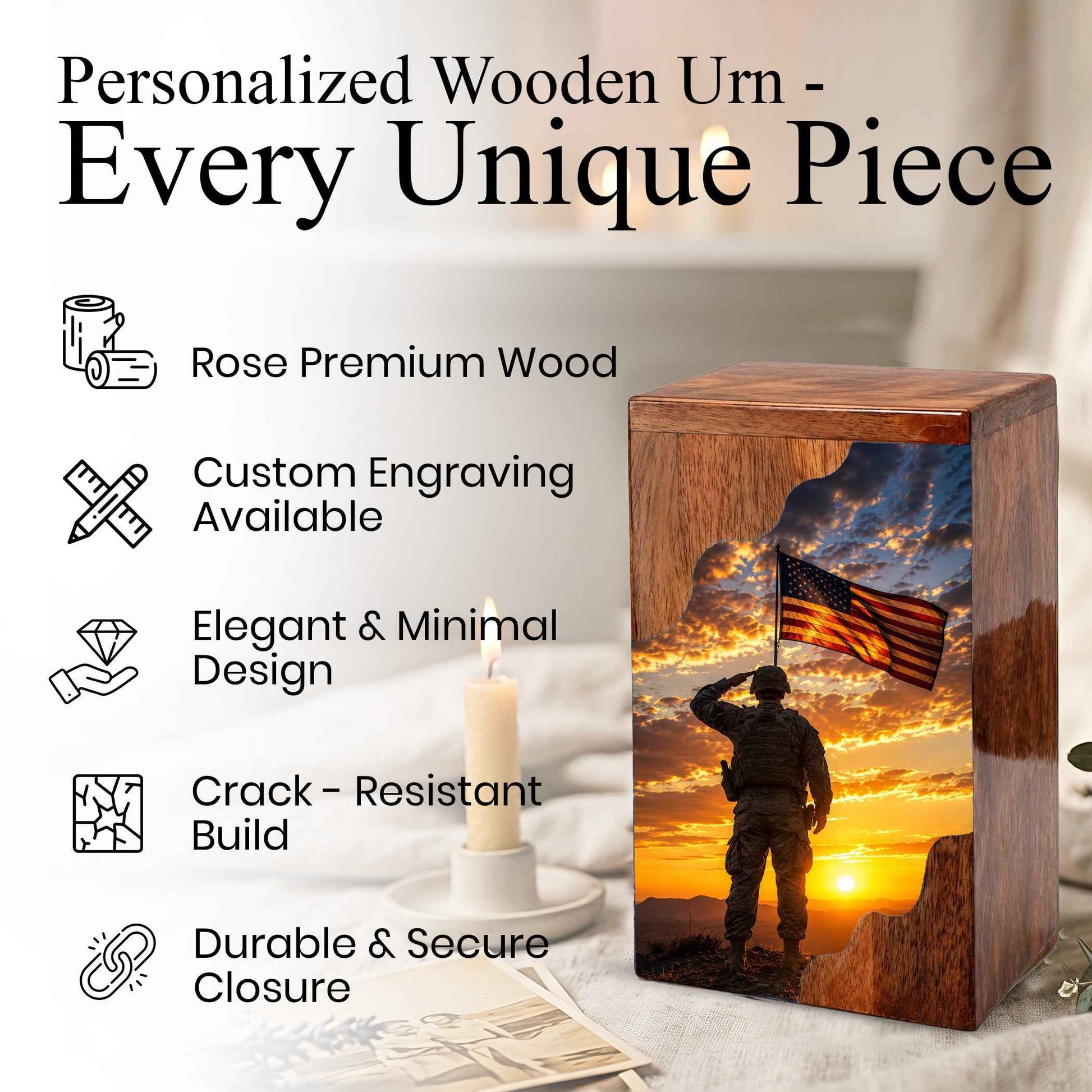 Military Wooden Cremation Urn for Human Ashes
