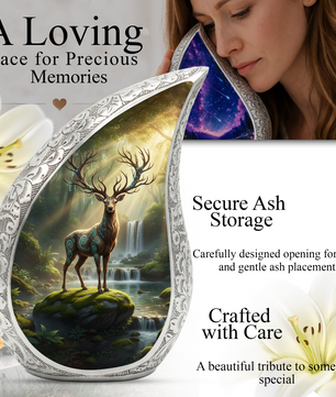 Personalized Deer Forest Memorial Urn – Teardrop Memorial Urn for Ashes | 10 Inch Aluminum Adult Urn
