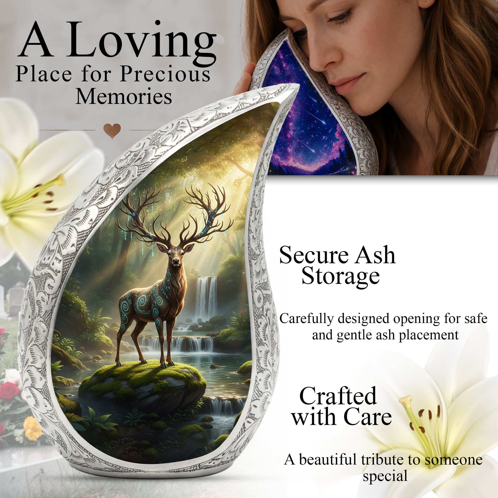 Personalized Deer Forest Memorial Urn – Teardrop Memorial Urn for Ashes | 10 Inch Aluminum Adult Urn