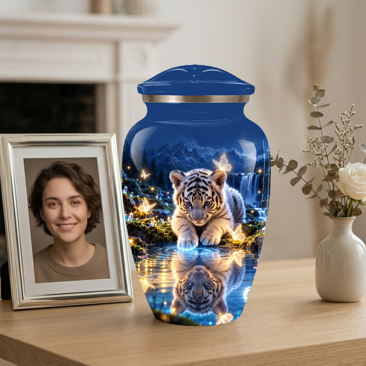 Personalized Adult Cremation Urn for Ashes, White Tiger Cub Memorial Urn, Custom Animal Urn