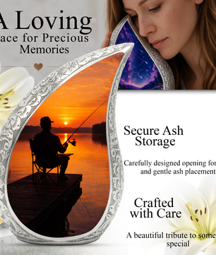 Personalized Fishing Cremation Urn for Dad – Custom Memorial Urn for Ashes, Sunset Lake Teardrop Aluminum Adult Urn, 10 Inch