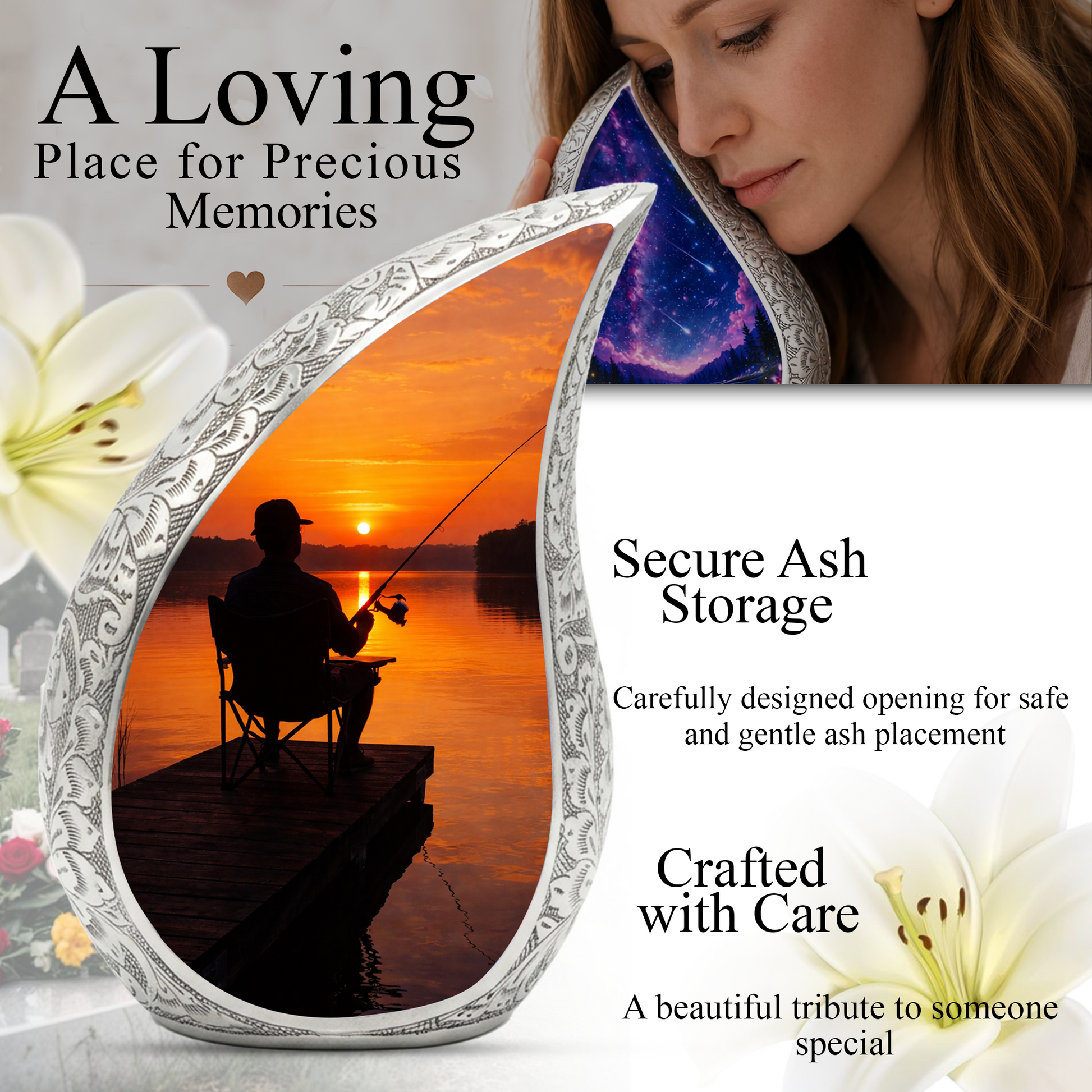 Personalized Fishing Cremation Urn for Dad – Custom Memorial Urn for Ashes, Sunset Lake Teardrop Aluminum Adult Urn, 10 Inch