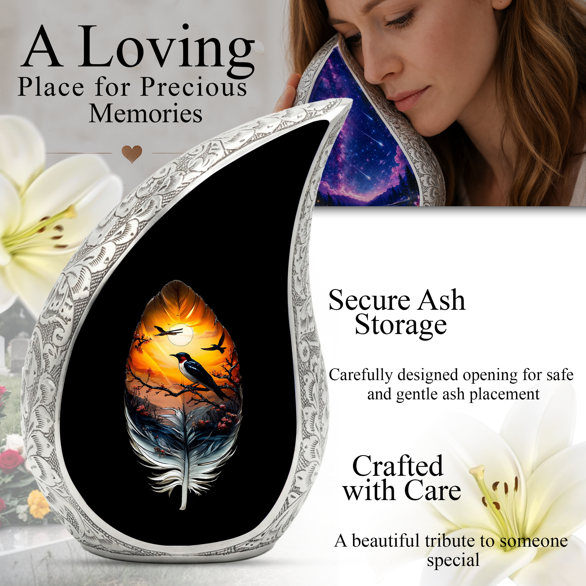 Feather Memorial Urn for Mom – Personalized Cremation Urn for Human Ashes | Beautiful Urns for Women