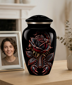 Black Rose & Scorpion Cremation Urn – Gothic Adult Memorial Urn for Ashes
