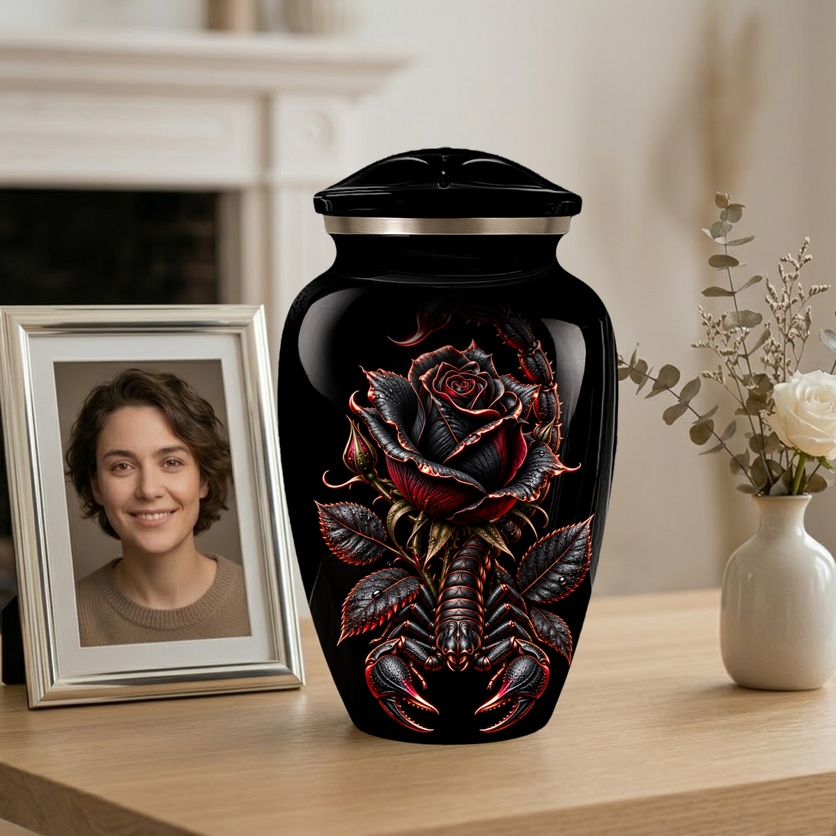 Black Rose & Scorpion Cremation Urn – Gothic Adult Memorial Urn for Ashes