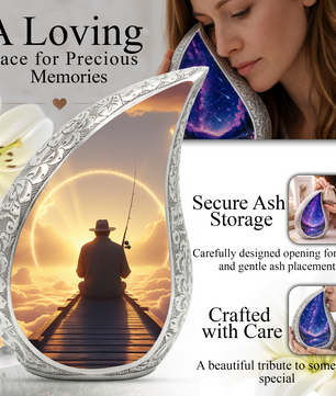 Fishing Personalized Cremation Urn for Dad – Teardrop Style Aluminum Memorial Urn, 10 Inch