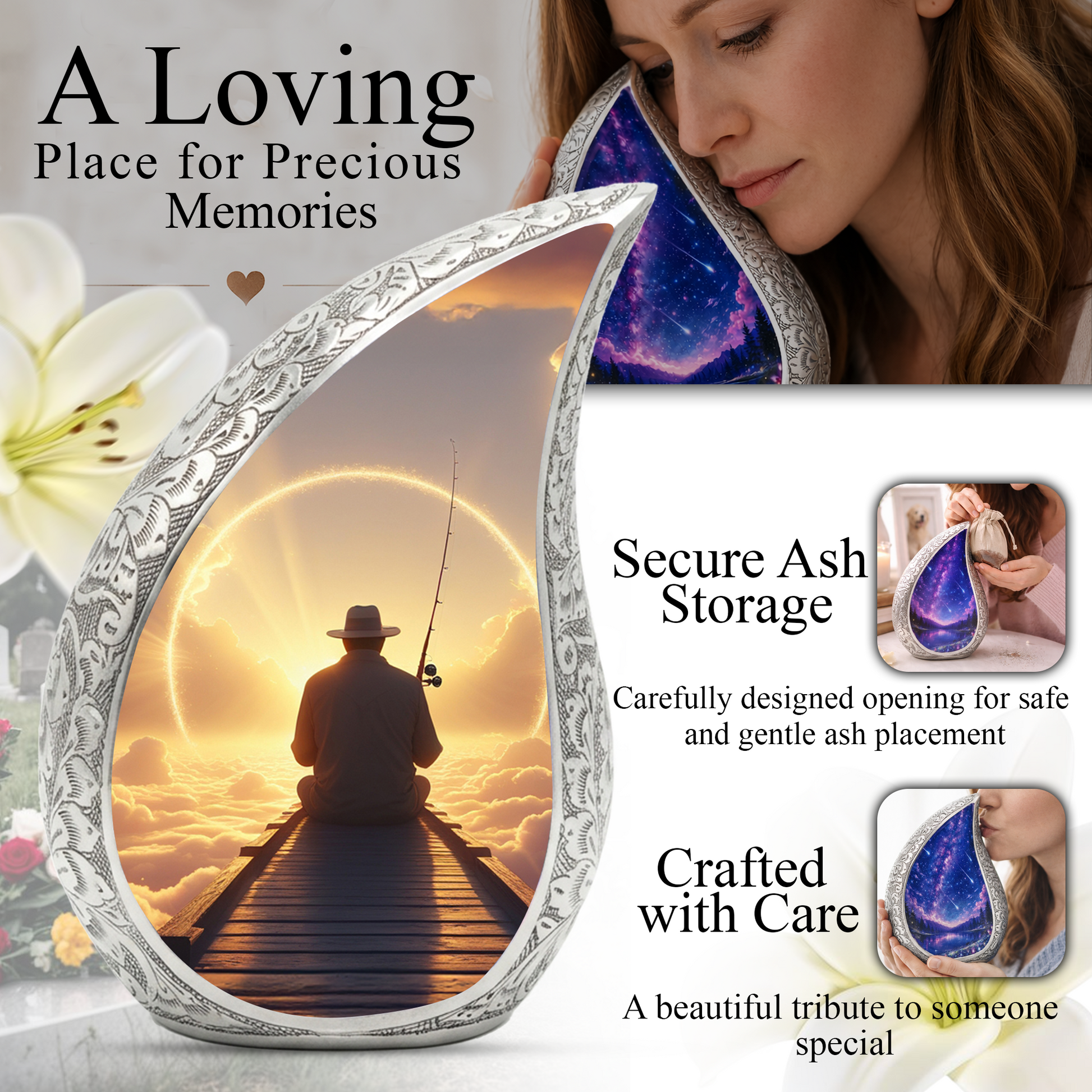 Fishing Personalized Cremation Urn for Dad – Teardrop Style Aluminum Memorial Urn, 10 Inch